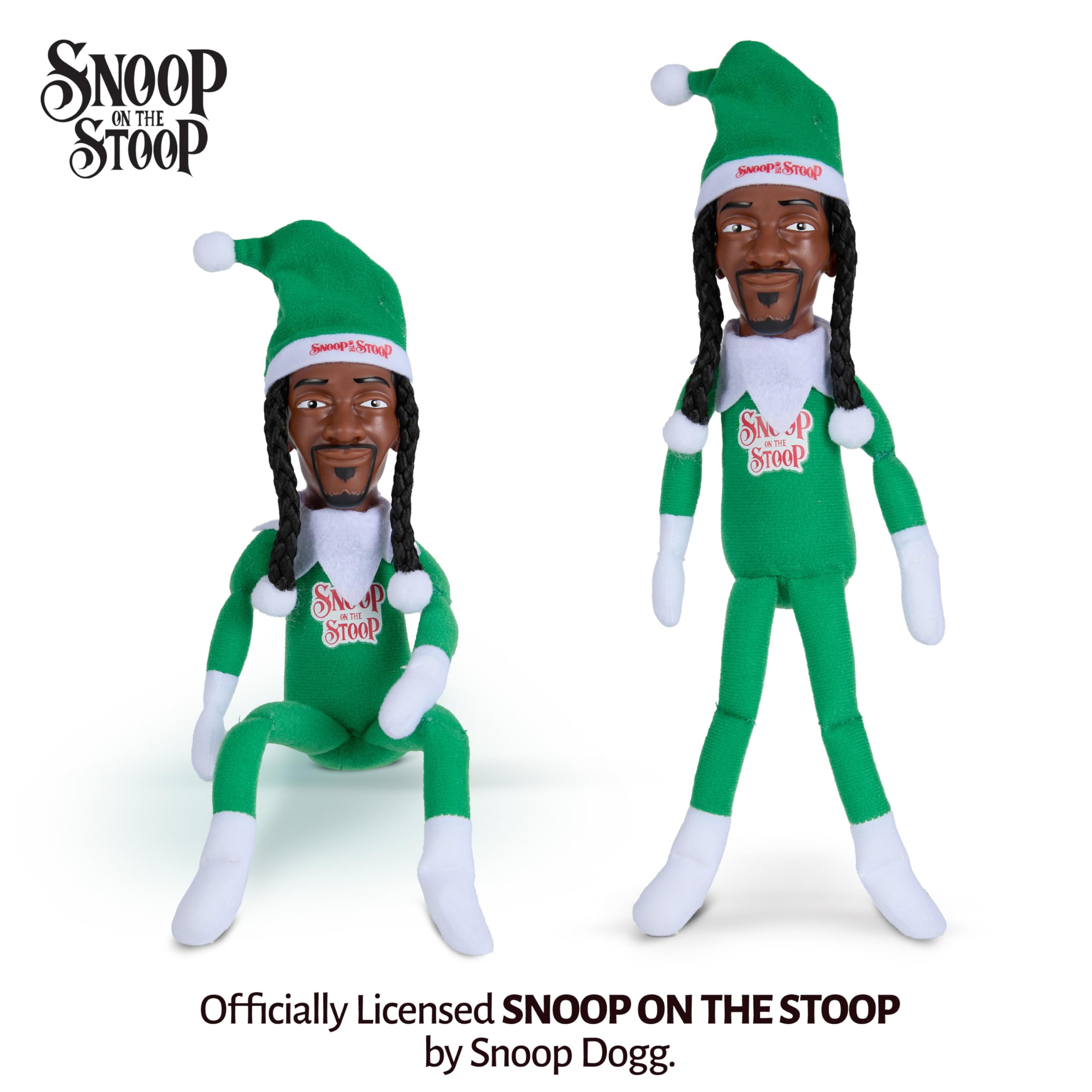 Snoop Dogg Snoop on the Stoop elf doll wearing a tilted Santa hat for playful holiday charm.