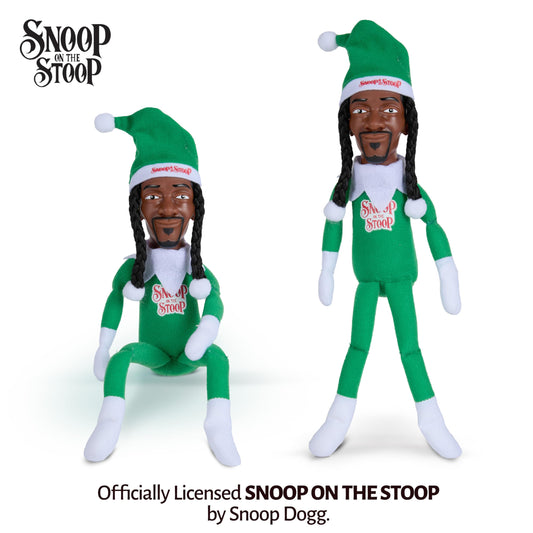 Snoop Dogg Snoop on the Stoop elf doll wearing a tilted Santa hat for playful holiday charm.