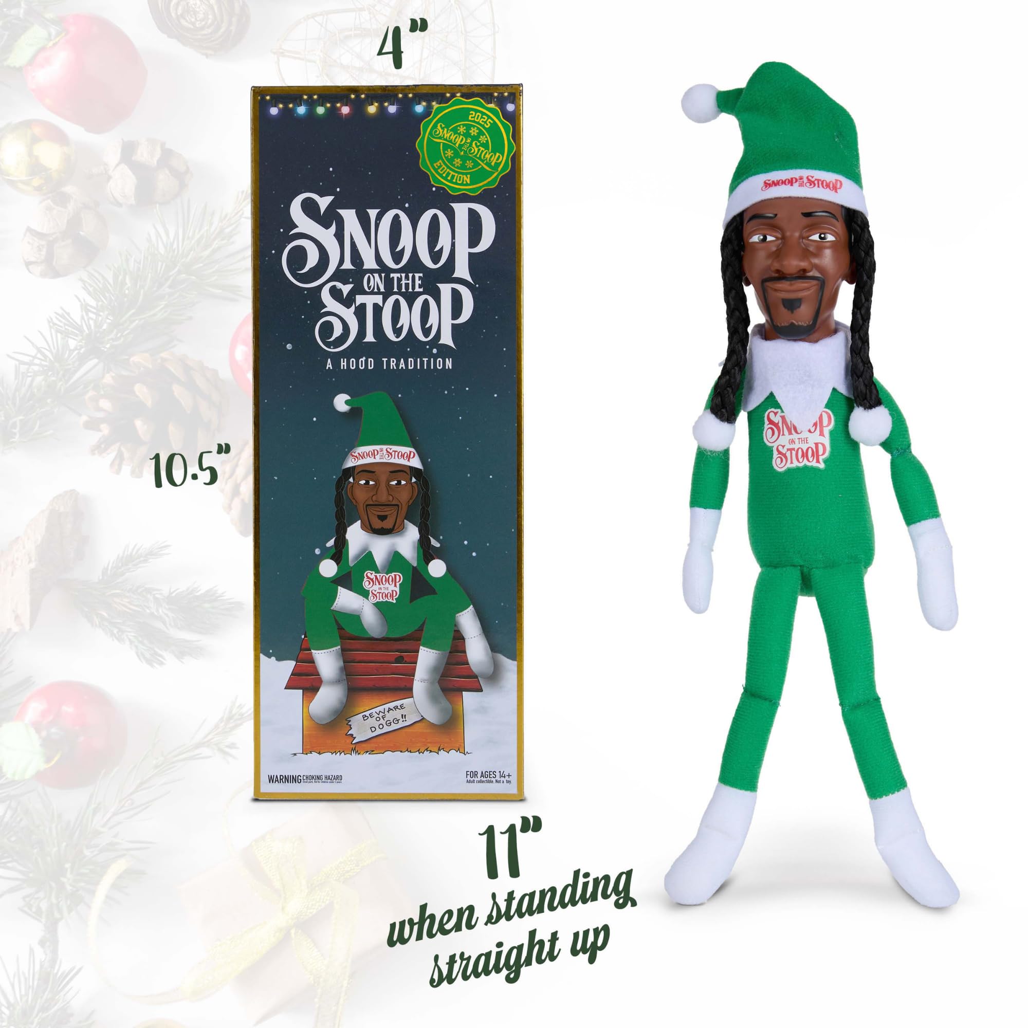 Snoop Dogg Snoop on the Stoop elf doll evokes a sleigh ride with upbeat holiday beats.