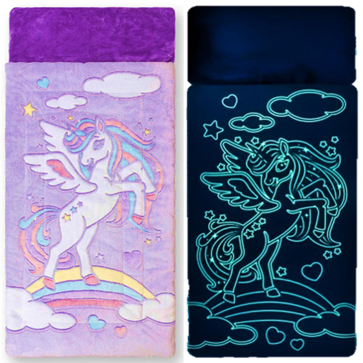 Snooze Bliss unicorn sleeping bag glow in the dark design lights up after short charge
