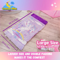 Snooze Bliss unicorn sleeping bag shows plush padding for cozy sleepovers