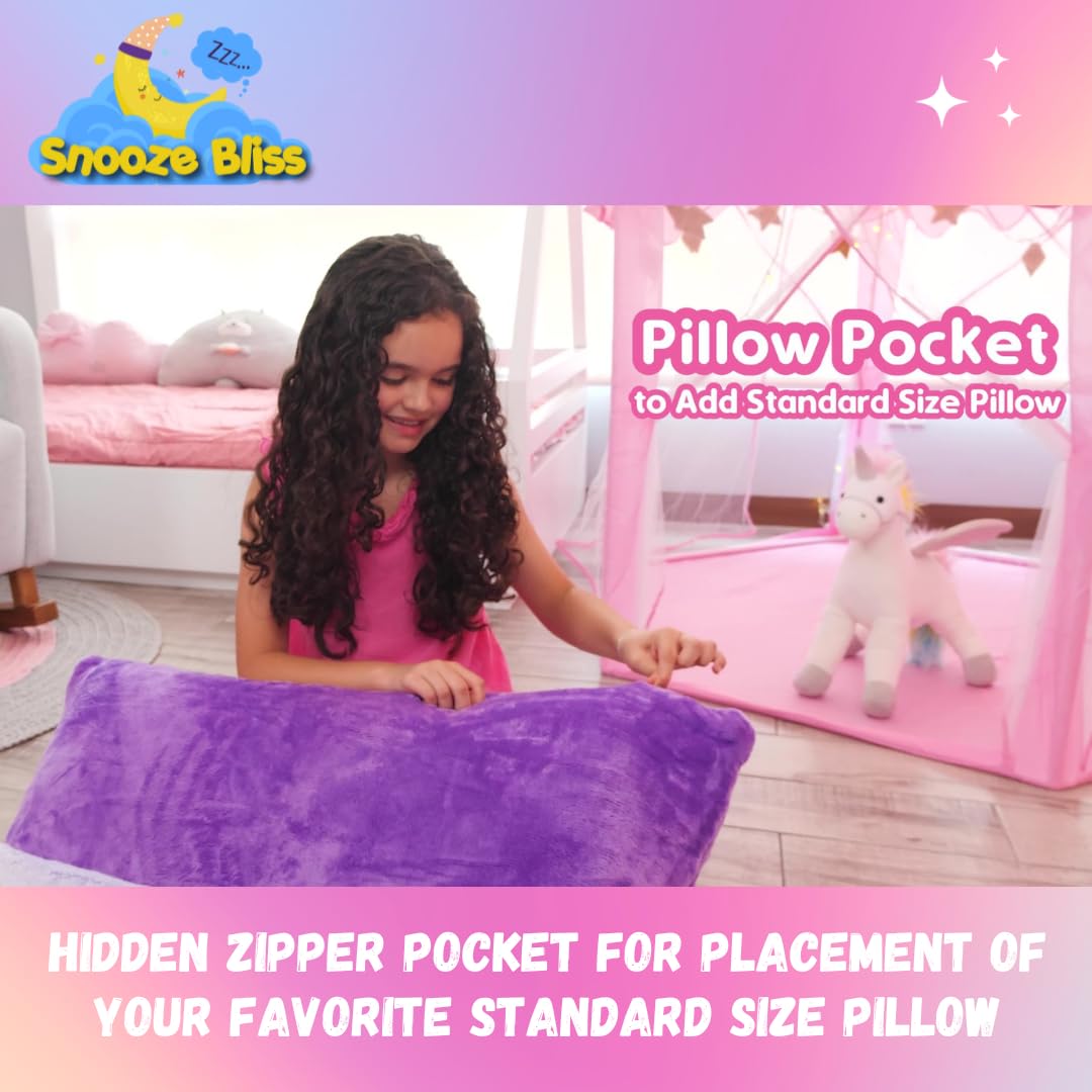 Snooze Bliss pillow pocket on the unicorn sleeping bag keeps small items handy