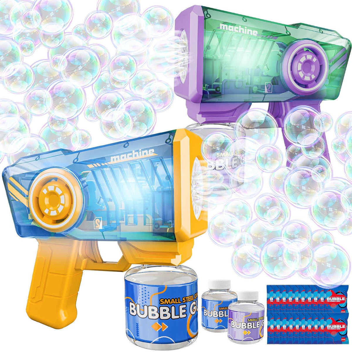 Snowalva Bubble Gun 2-Pack front view with LED lights for a kid-friendly bubble show.