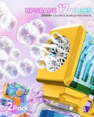 Snowalva Bubble Gun with two 90ml bottles for extended playtime.