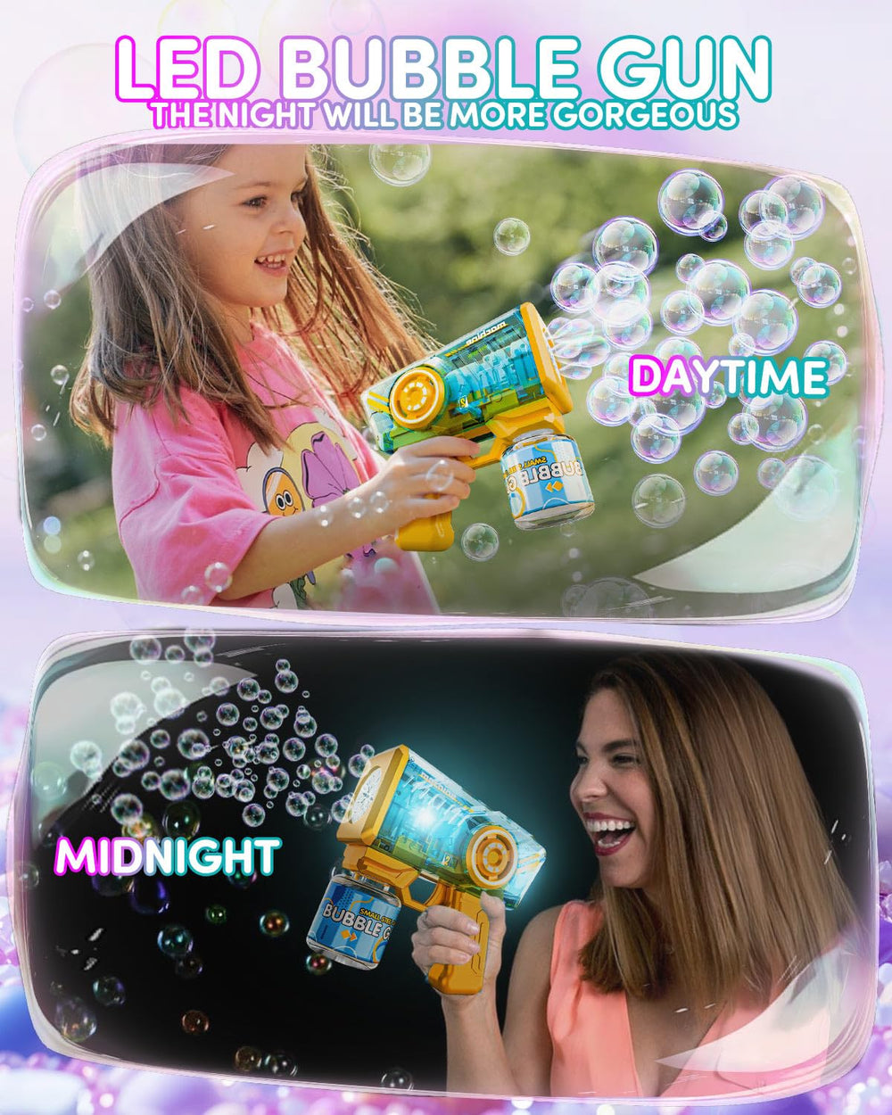 Snowalva kid-friendly bubble show with colorful LED glow.