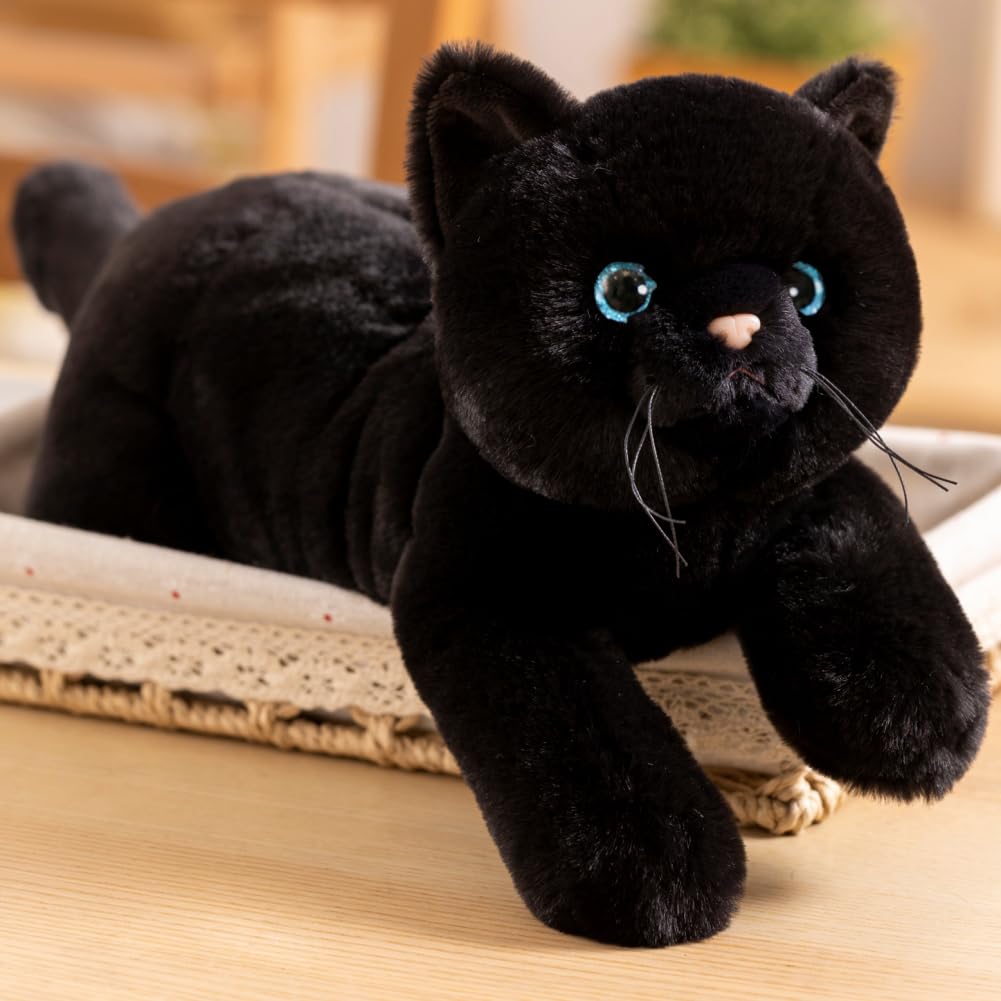 SNOWOLF black cat plush close-up shows soft fur and safe materials