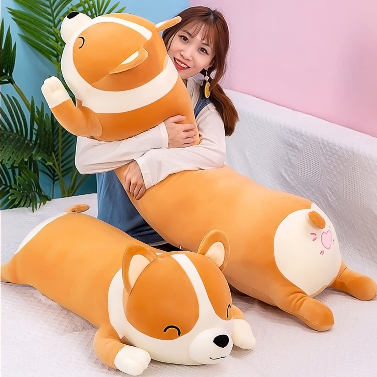 SNOWOLF Shiba Inu plush front view shows soft fabric and cuddly feel.