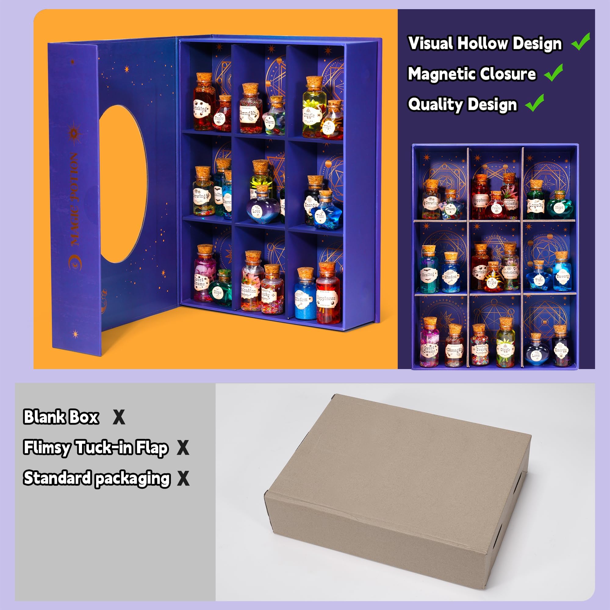 Sntieecr spellbook-style display with transparent lid showcasing potions