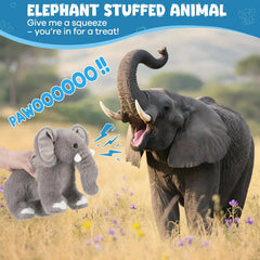 SnugBibble elephant with realistic powooo sounds for interactive play.