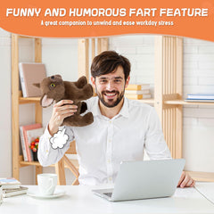 SnugBibble farting dog plush party-scene shows prank-friendly decor.