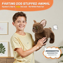 SnugBibble farting dog plush squeeze action demonstrates easy use.
