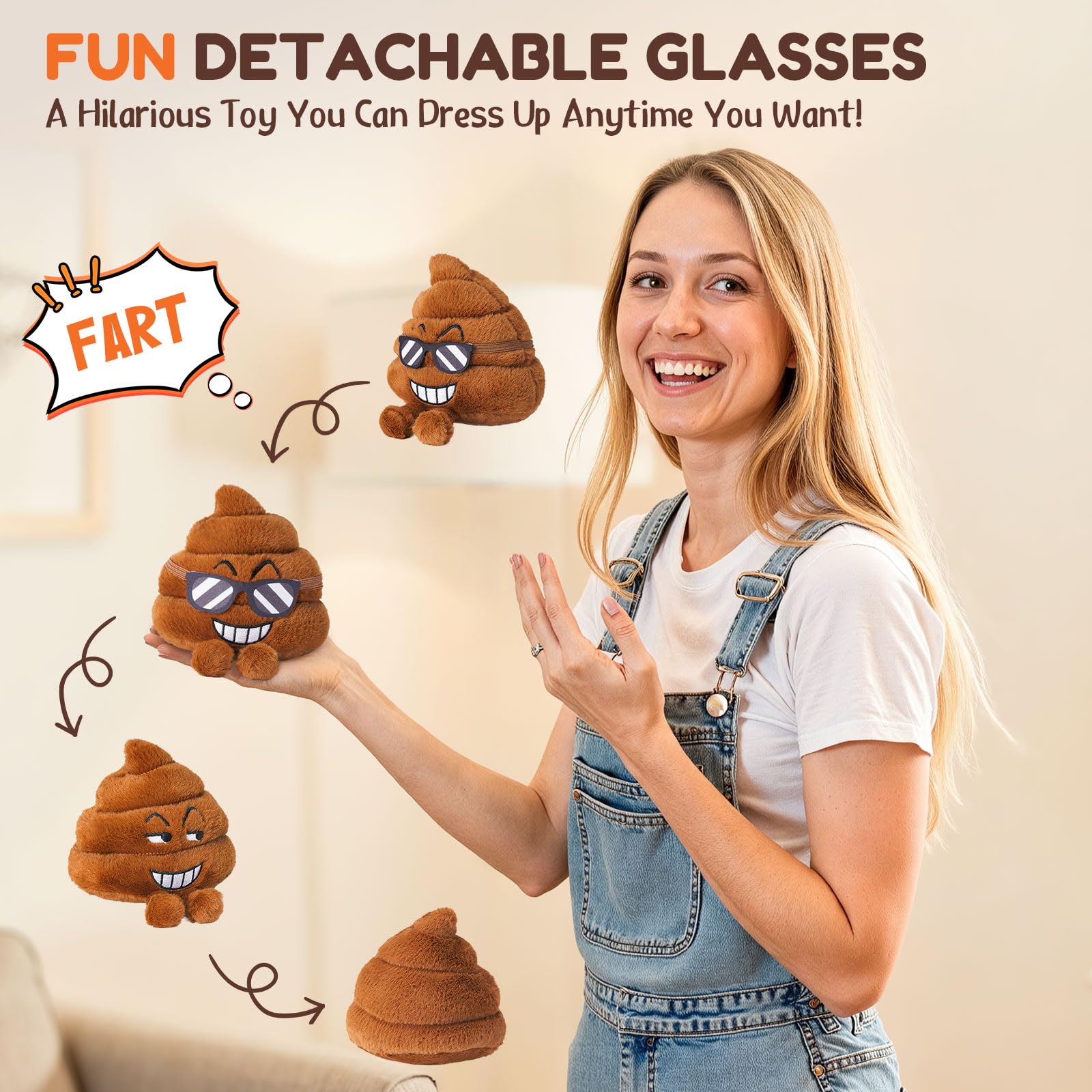 SnugBibble poop plush with detachable glasses adds playful character.
