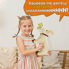SnugBibble Screaming Goat Plush on desk display highlighting cozy decor use.