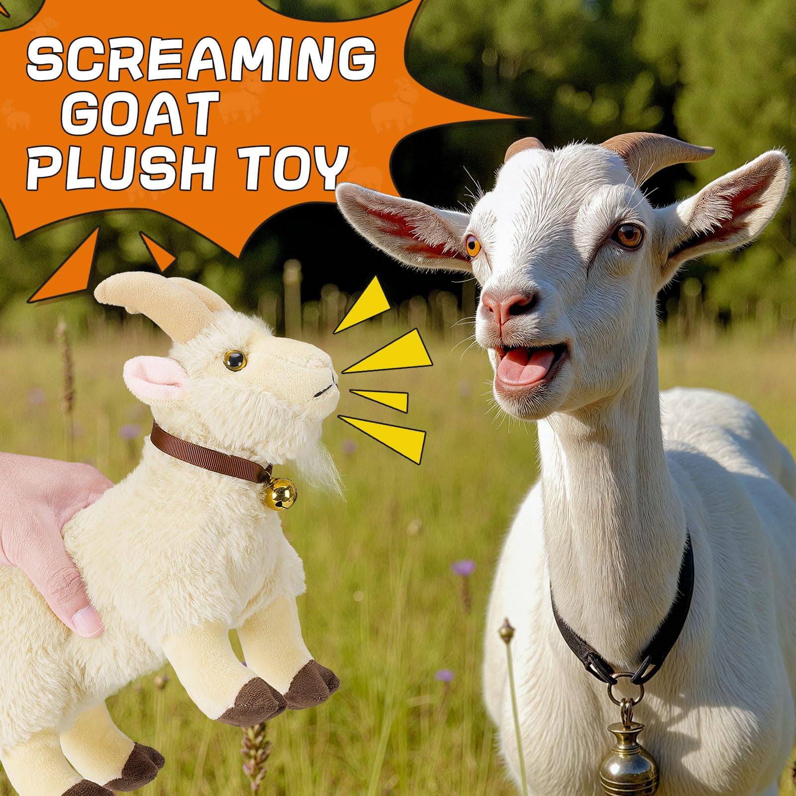 SnugBibble Screaming Goat Plush squeeze action shows the playful moment.