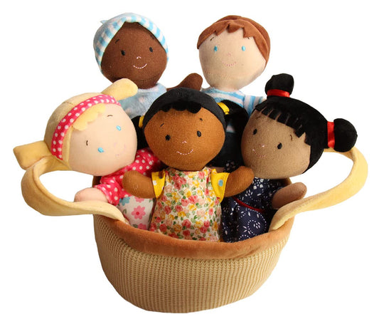 Snuggle Stuffs Basket of Buddies dolls in a bright basket for inclusive play