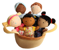 Snuggle Stuffs Basket of Buddies dolls in a bright basket for inclusive play