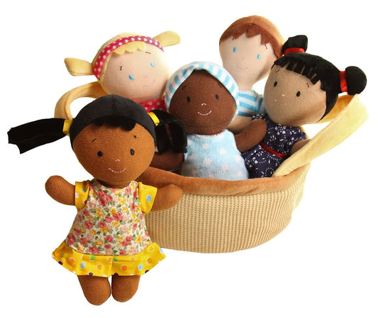 Soft diverse dolls with embroidered smiles by Snuggle Stuffs for cuddly play