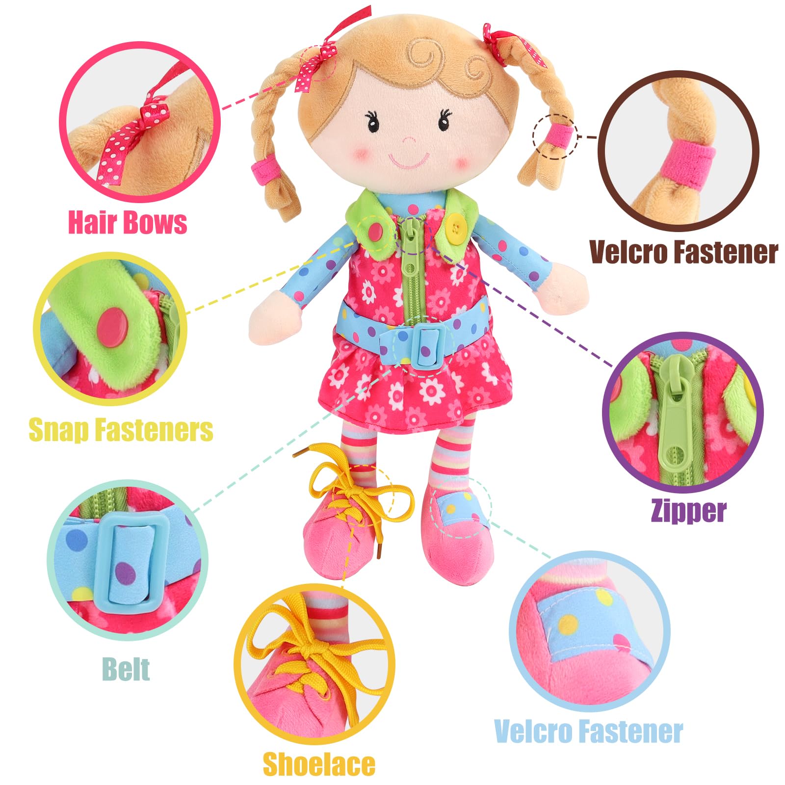 Snuggle Stuffs Sugar Snap plush doll with buttons supports independent dressing play