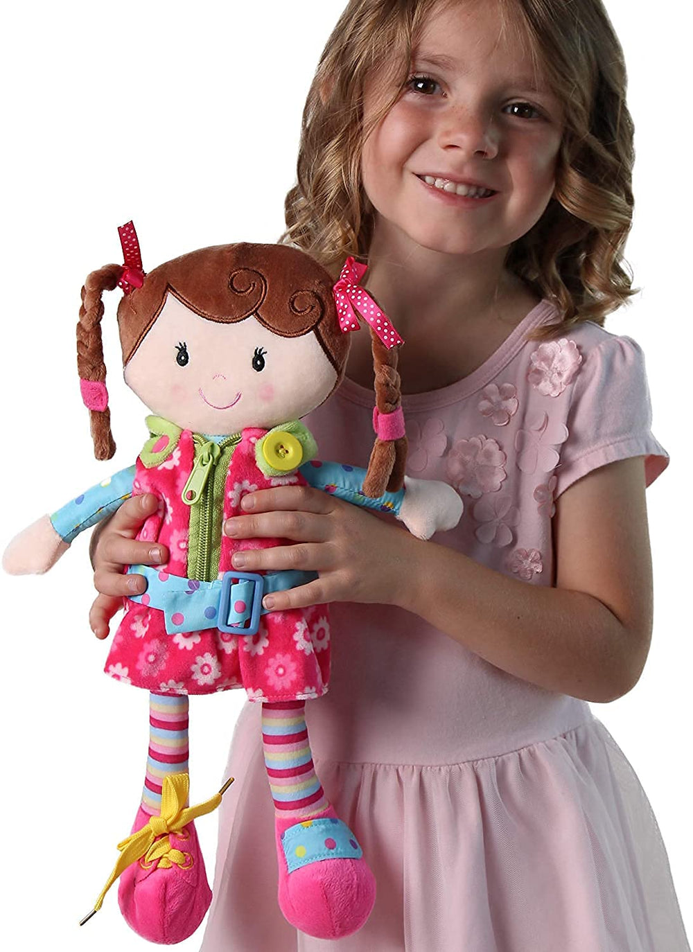 Sugar Snap plush teaches toddler dressing practice with simple fasteners