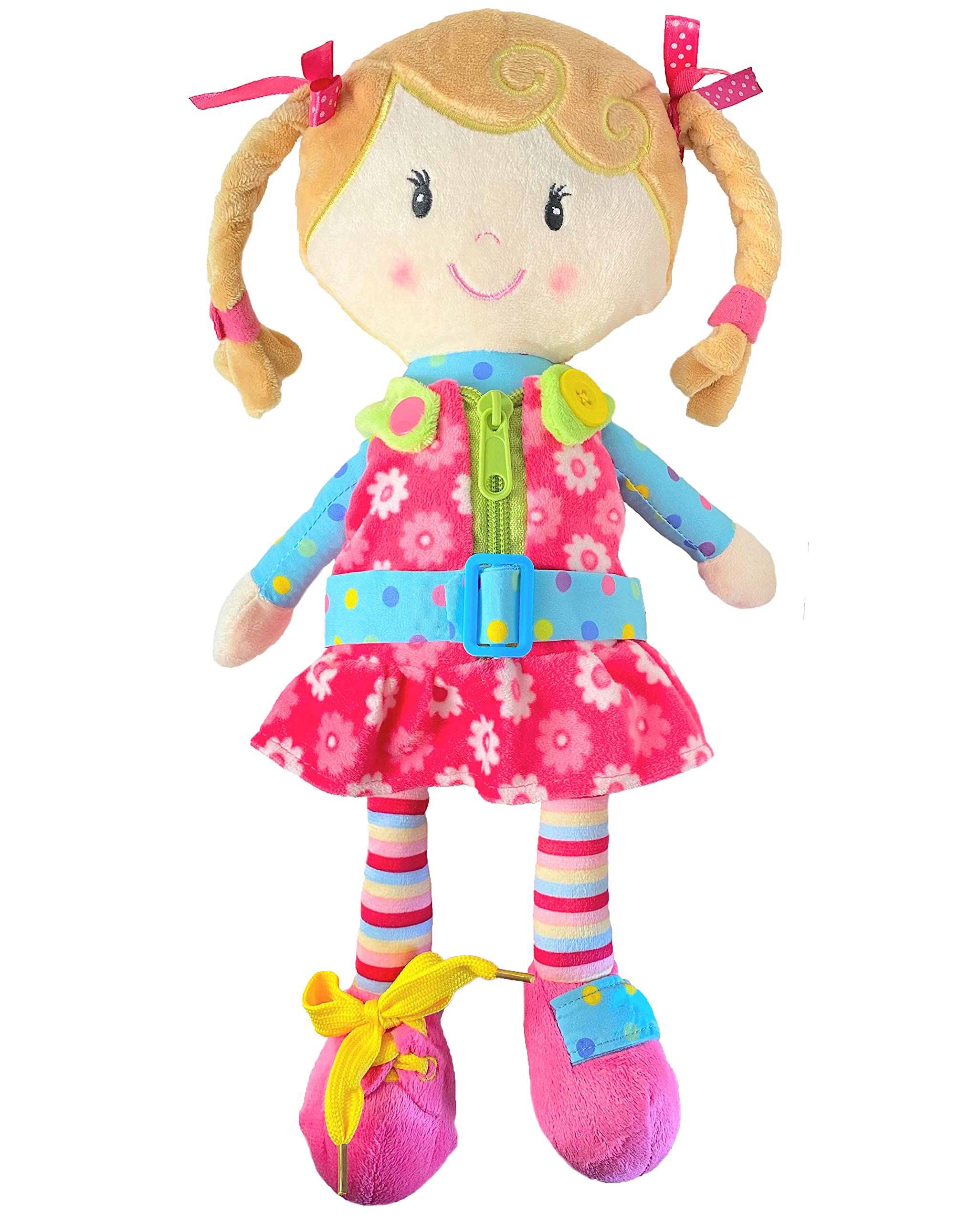 Snuggle Stuffs Sugar Snap plush doll showing a zipper dress-up feature for practical dressing practice