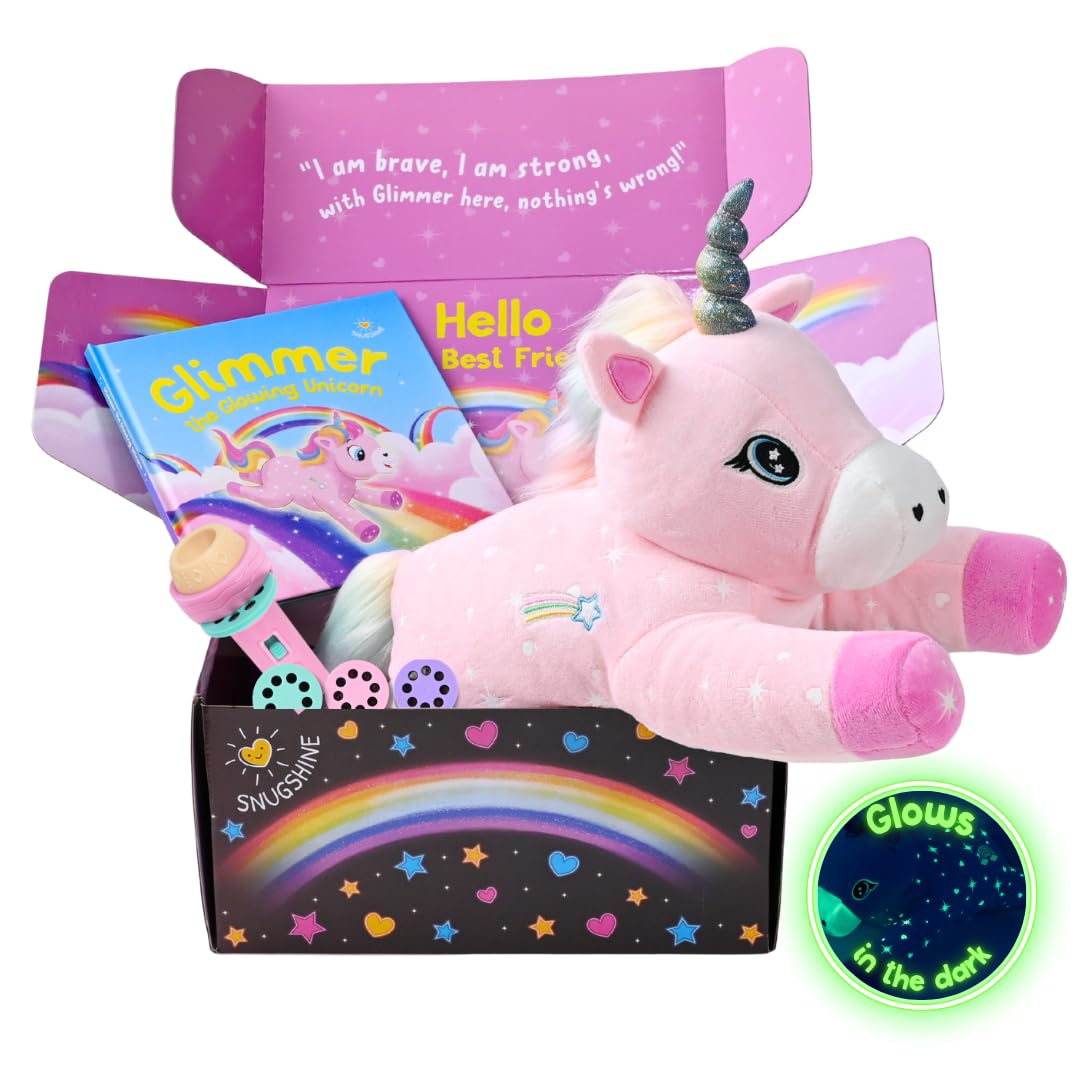 SNUGSHINE glow-in-the-dark unicorn plush provides comforting nighttime glow.