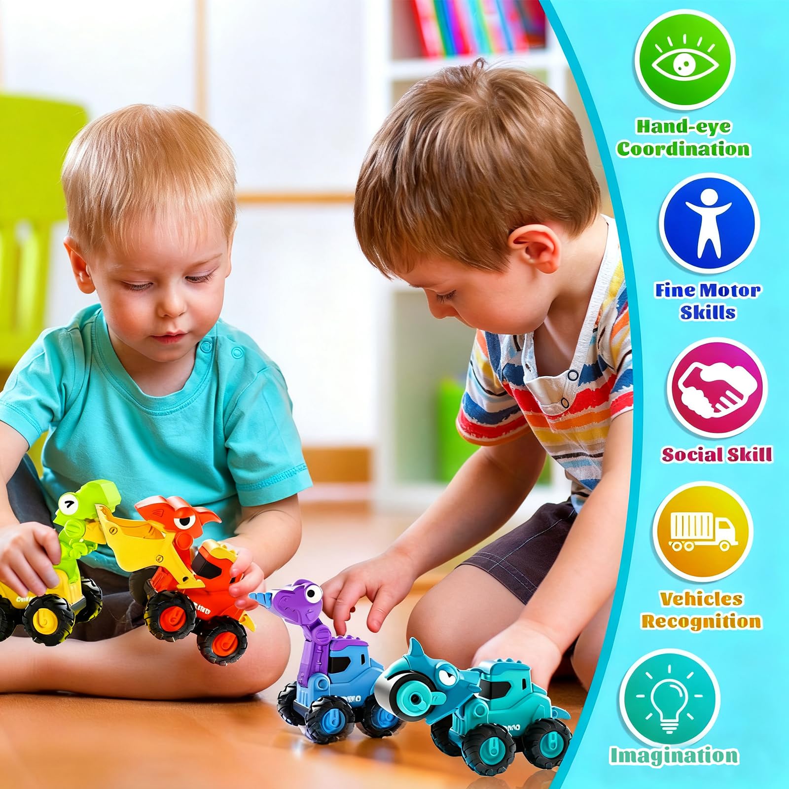 Snugzy dinosaur press-to-go car with swinging dino head for imaginative play.