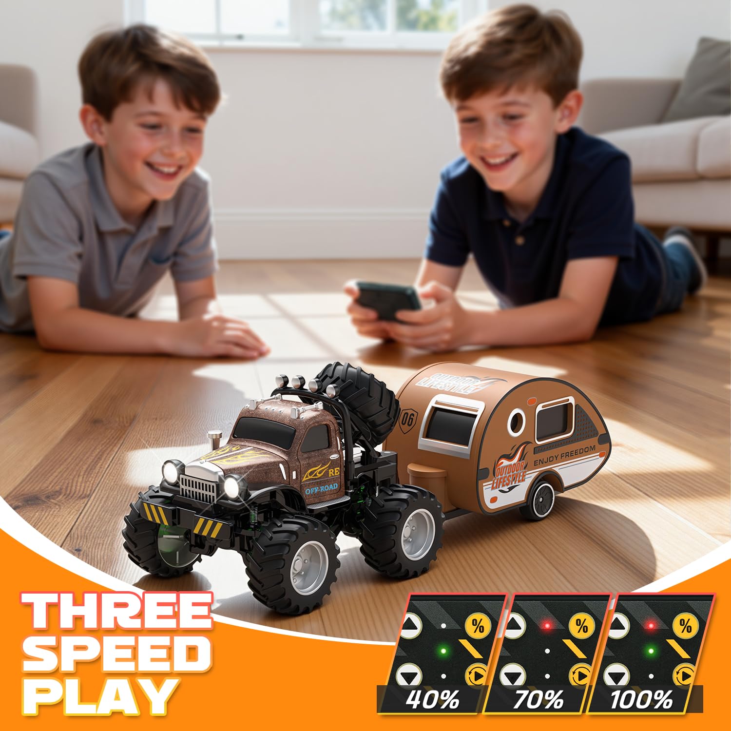 Snugzy mini RC car front lights illuminate indoor and outdoor races.