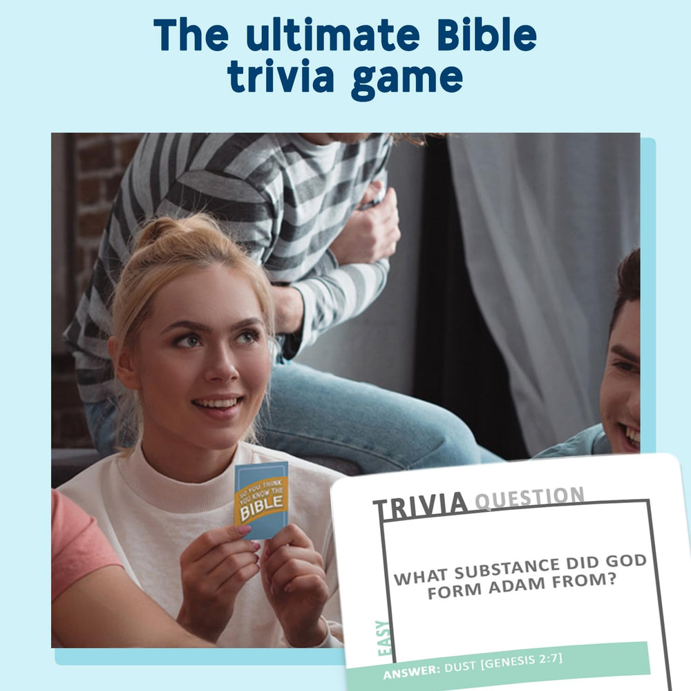 SO YOU THINK YOU KNOW THE BIBLE cards closeup highlights diverse trivia categories for engaging study sessions.