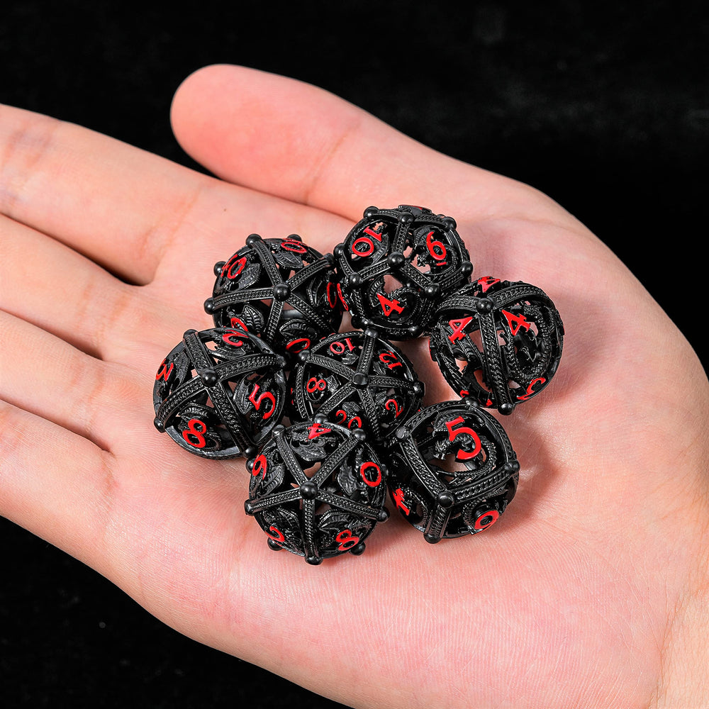 Soar Forge round dice with black-red design and high readability.