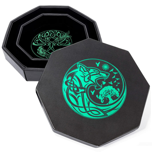 Soar Forge DND Dice Tray 9-inch emerald-green World Tree lid for safe rolling and dice protection.