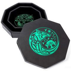 Soar Forge DND Dice Tray 9-inch emerald-green World Tree lid for safe rolling and dice protection.