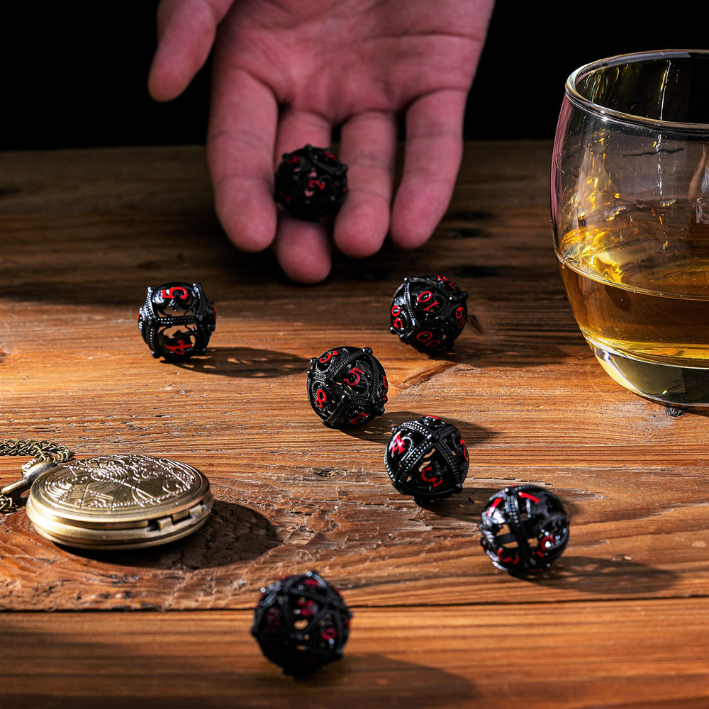 Soar Forge black-red dice set evokes dramatic RPG visuals at the table.