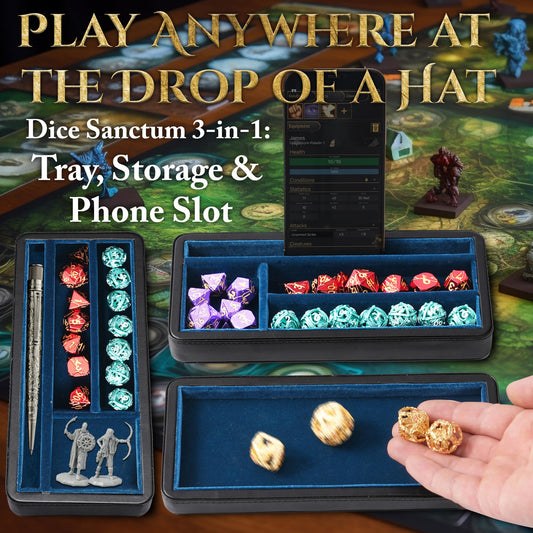 Sanctum blue dice tray within the box for quiet, smooth rolls.