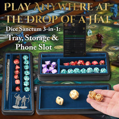 Sanctum blue dice tray within the box for quiet, smooth rolls.