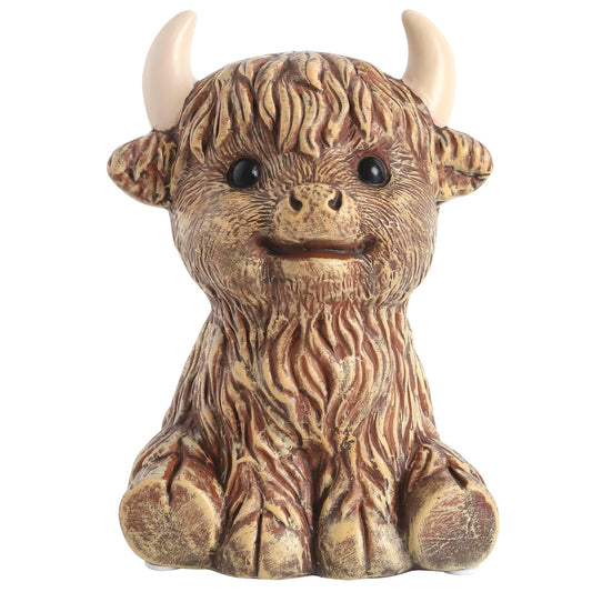 SOBEIT Highland Cow piggy bank front view, ideal nursery decor and coin saving.
