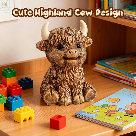 SOBEIT Highland Cow piggy bank side view, eye-catching farmhouse charm for shelves.