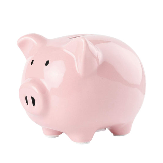 SOBEIT pink piggy bank front view with glazed ceramic finish ideal for kids rooms