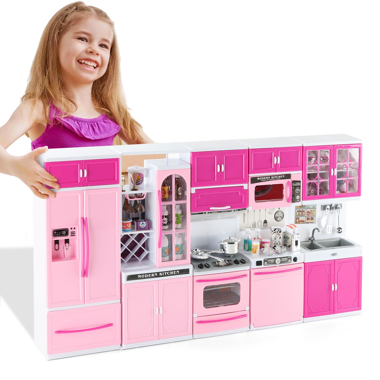 SOCBTNSO 64 PCS pink kitchen toy set with lights and sounds for imaginative play