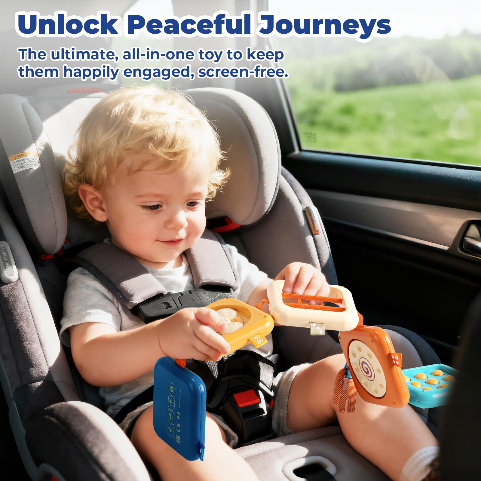 SOCBTNSO Busy Board carry strap enables portable toddler play