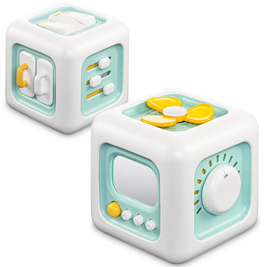 SOCBTNSO Busy Cube Toy shows six activities to boost fine motor skills on the go.