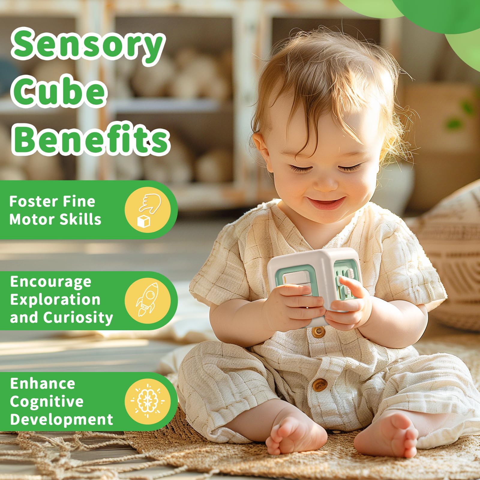 SOCBTNSO Busy Cube Toy demonstrates six activities that promote focus and sensory exploration.