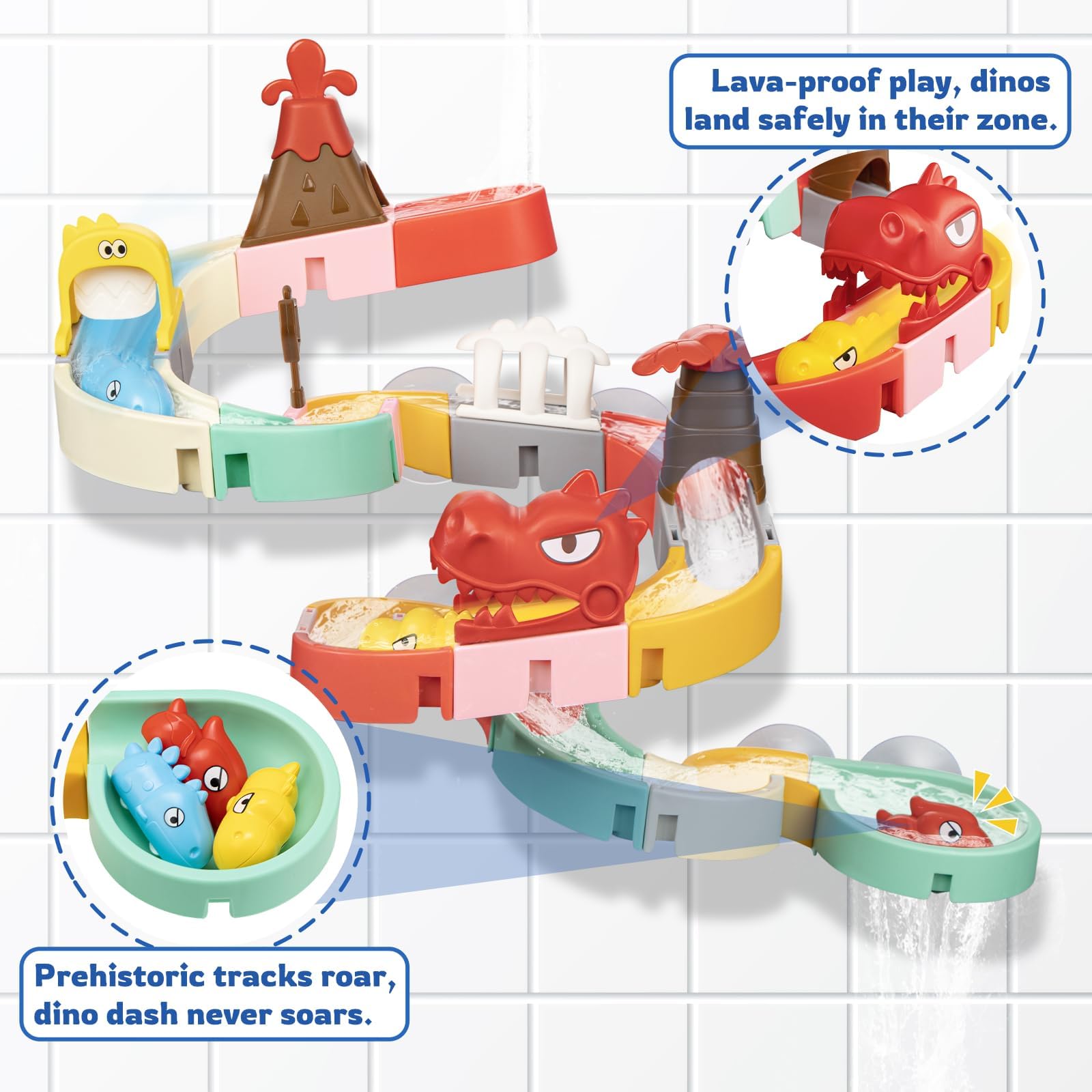 SOCBTNSO Dinosaur Slide Toys brighten bath time with vibrant, engaging play.