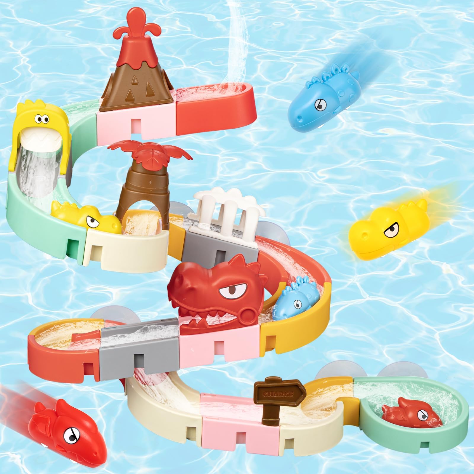 SOCBTNSO Dinosaur Slide Toys on a wall track enhances focus during bath time.
