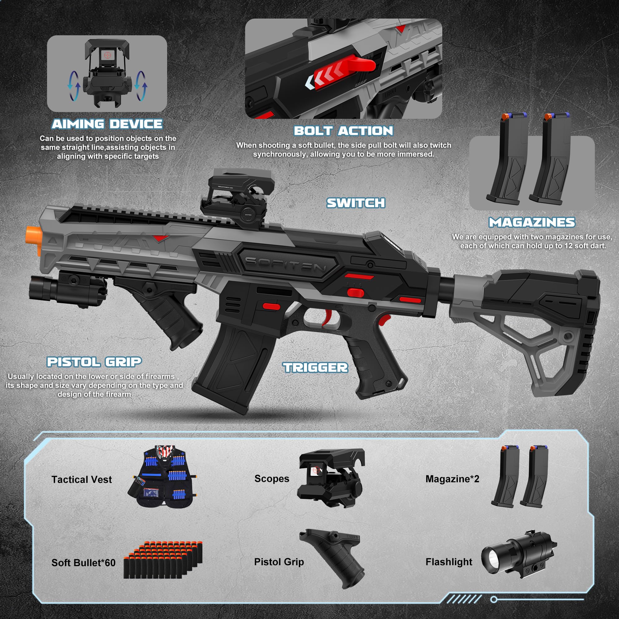 SOFITEN built-in flashlight enhances visibility for dusk or indoor targets