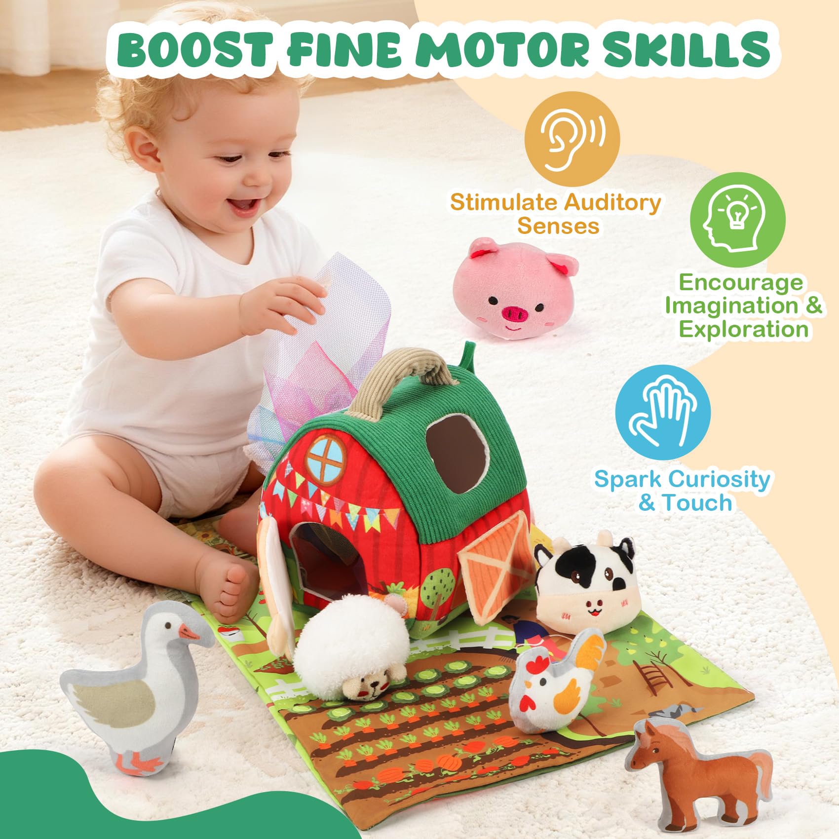 Soft-texture baby-safe animals for soothing tactile exploration.
