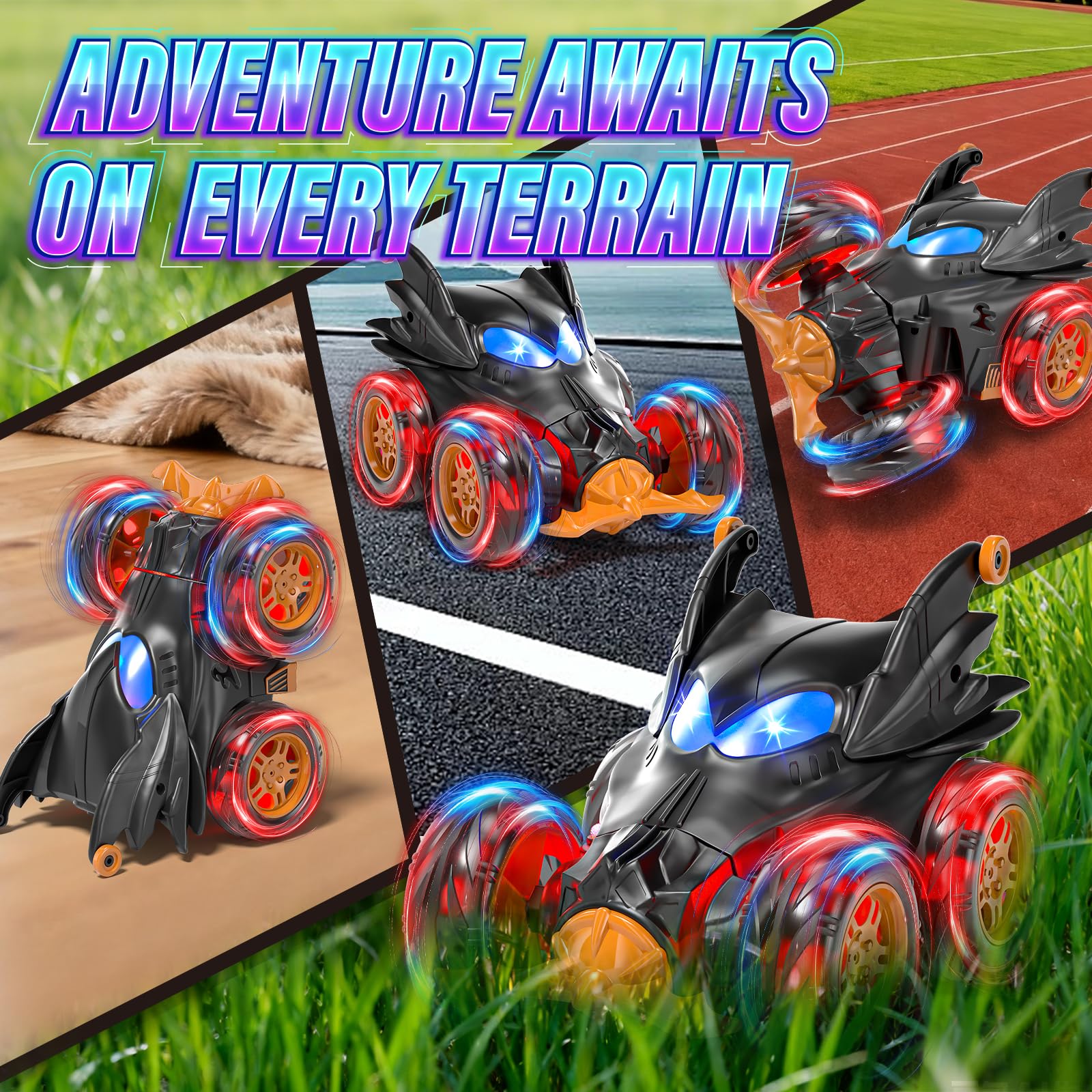 SOGAWEBB bat RC car LED wheel lights enhance nighttime visibility.