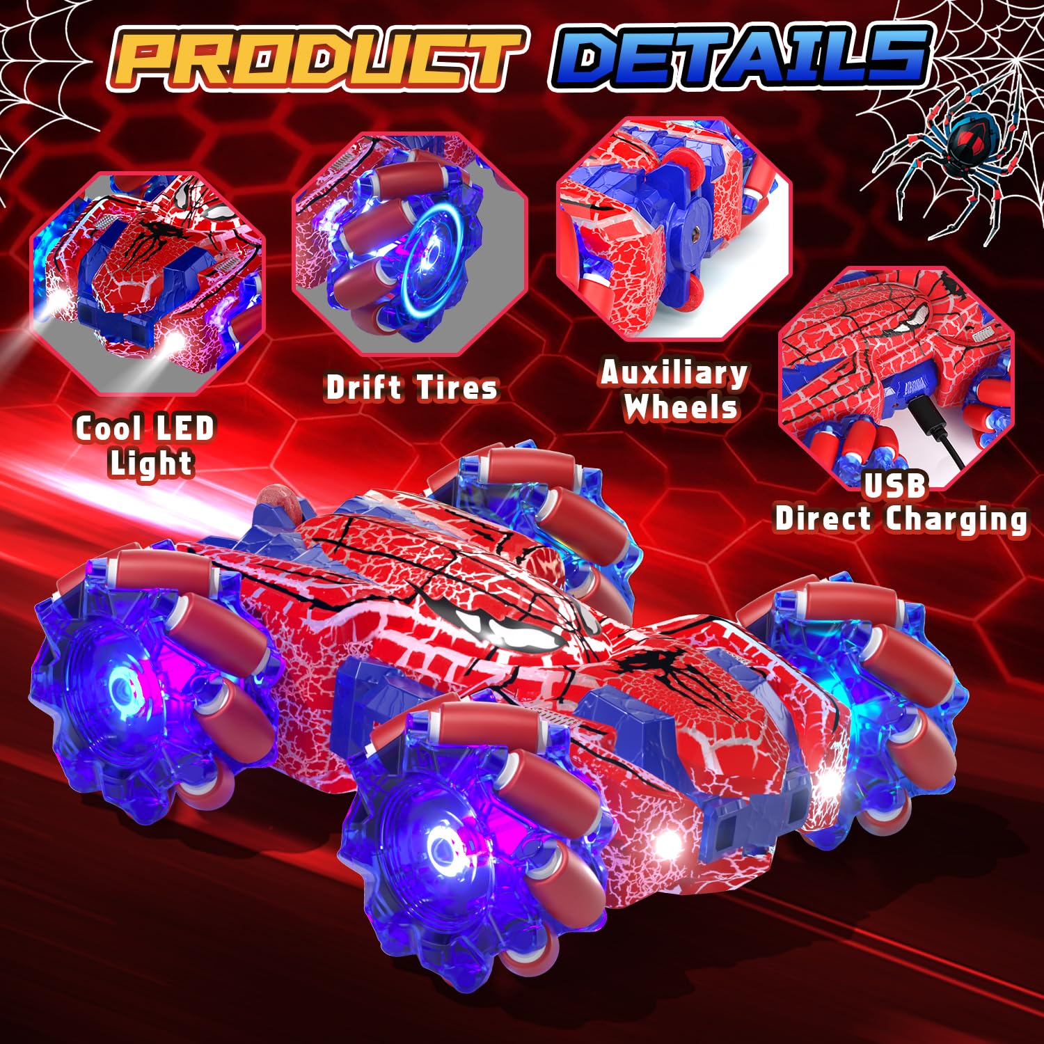 SOGAWEBB Spider Gesture RC Car 4WD tires grip diverse terrains for stable play