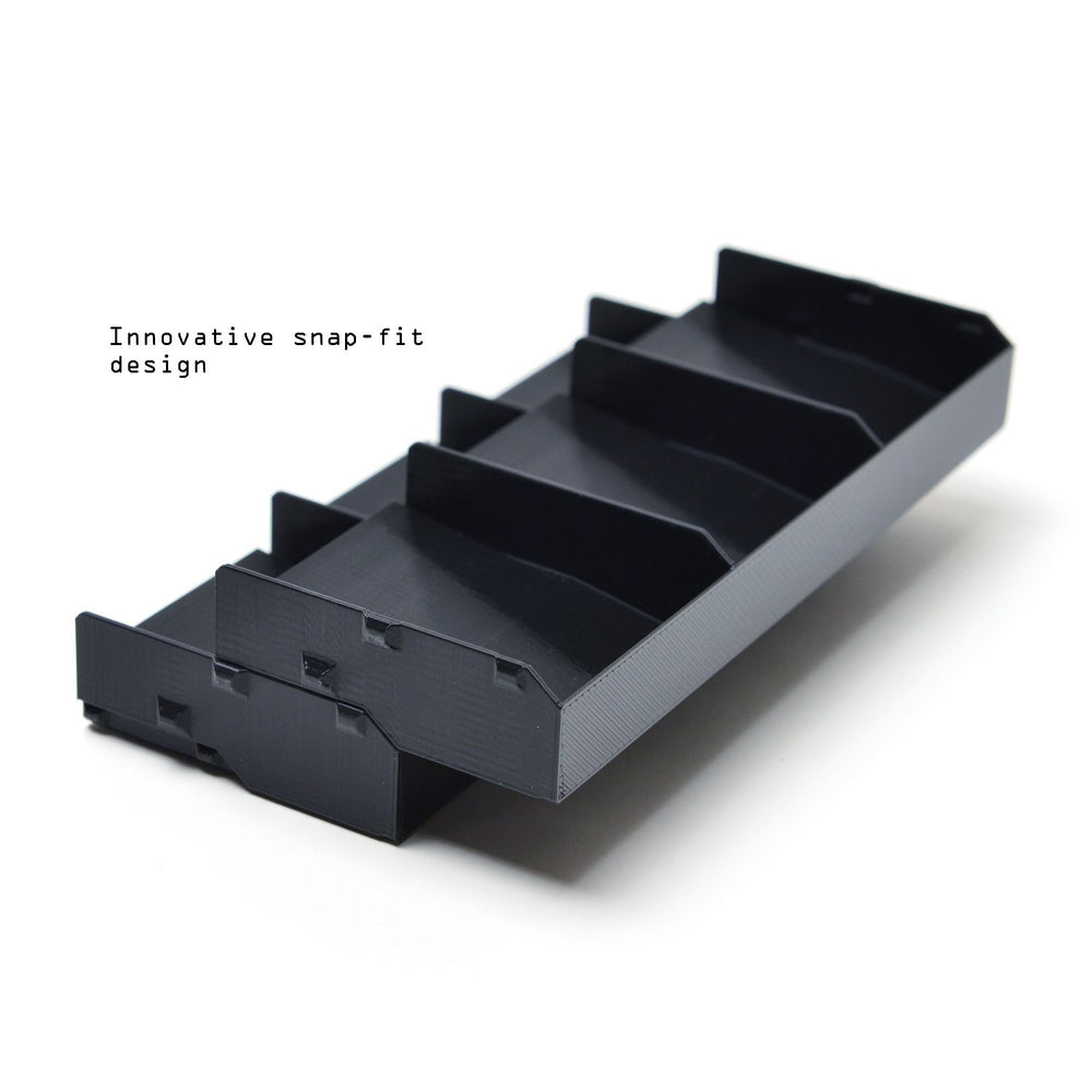 Solid Factory Settlers tray stackable design saves table space during play.