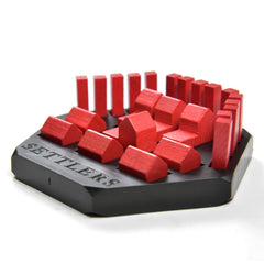 Solid Factory Settlers piece holder closeup shows sturdy slots for roads, settlements, cities.