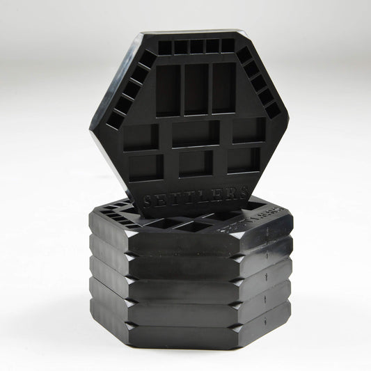 Solid Factory Settlers six-pack storage keeps game pieces organized for travel or game nights.